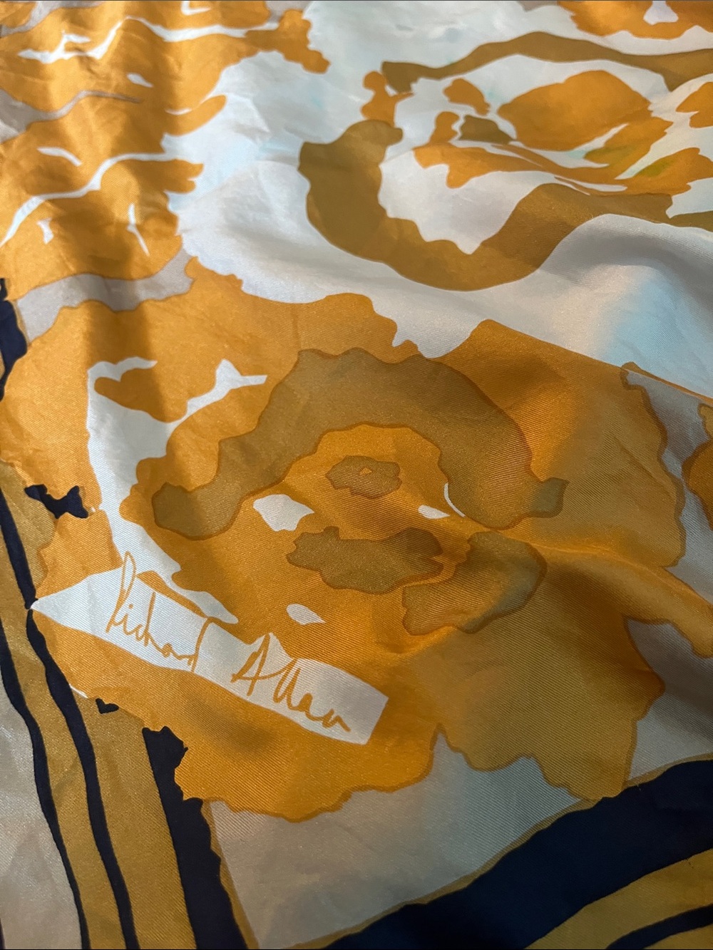 Richard Allan Silk Floral Print Scarf - Gold & Navy 28” square (missing tag)